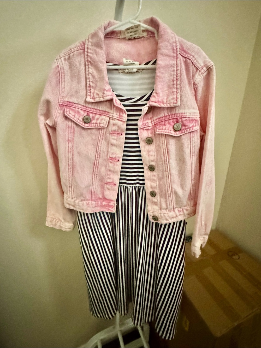 Pink Denim Jacket over Black & White Striped Dress